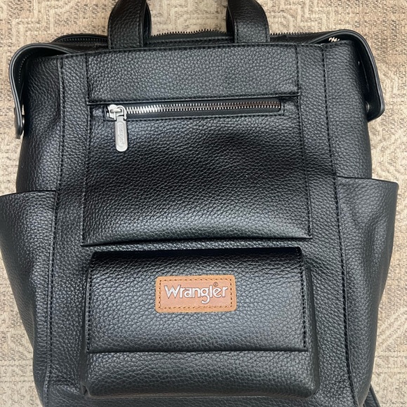 Wrangler Handbags - Wrangler Black Pebbled Leather Backpack with Tan Logo Patch